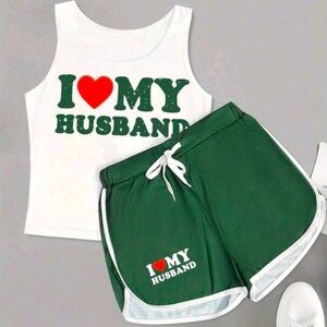 Green Women's Athletic Shorts with 'I ♥ My Husband' Graphic